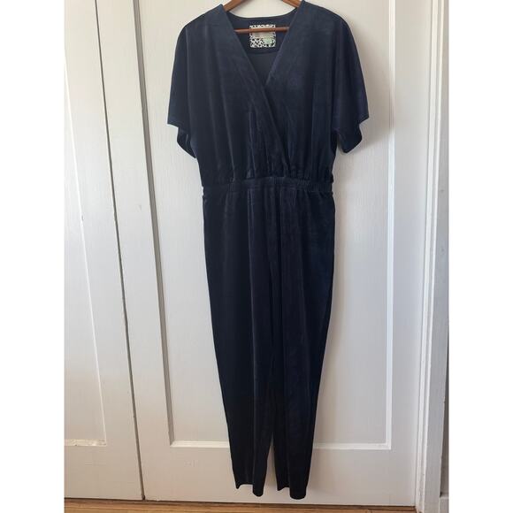 Saturday Sunday By Anthro Navy Blue Velour V Neck Ankle Rise Jumpsuit Size Small - Picture 2 of 10
